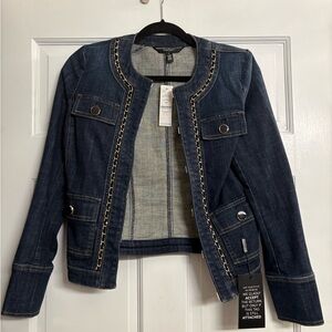White House Black Market Women's Denim Jacket with Chain Detail‎ & Black Trim S